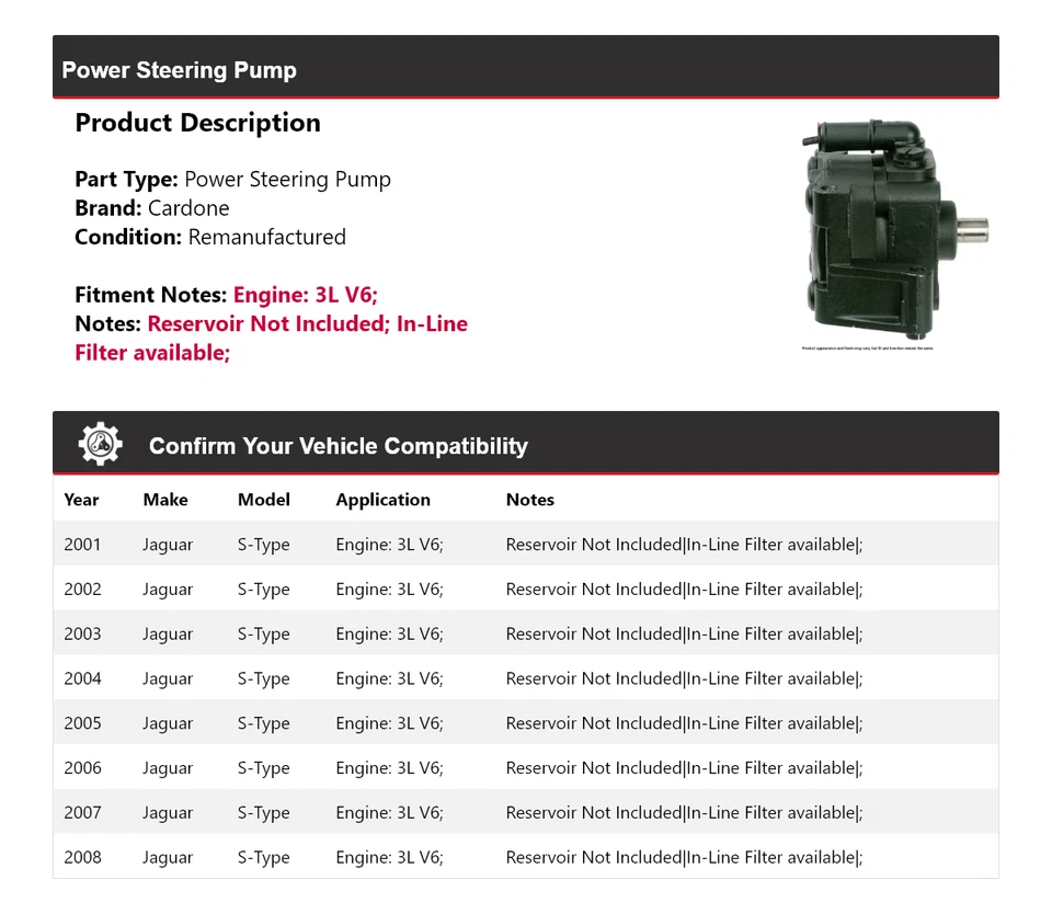 Bomba de dirección asistida Cardone para Jaguar S-Type 2001-2008 3L V6 2002 2003 2004 Foto 2 de 4
