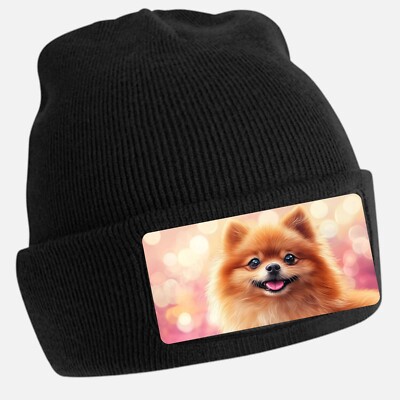 Black Beanie Hat with Cool Pomeranian Motif - Unisex Cap, Cotton
