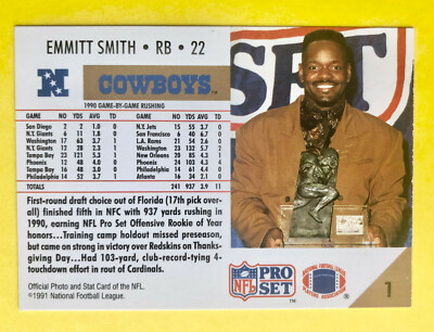 1991 Pro Set Emmitt Smith 'Rookie of the Year' #1 Football Card