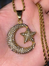 Real 14k Gold The Crescent Moon  Star of David Protection Pendant Rope Chain