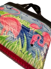 Sun n Sand Straw Basket Beach Tote Bag Flamingo Painted Lined Stud Feet Woven