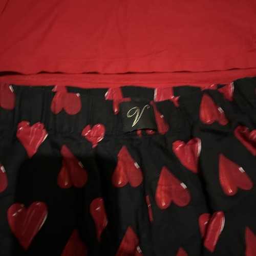 Victoria Secret 2 Piece Pajama Set Small Black Red Heart Print Valentines Set - Picture 5 of 24