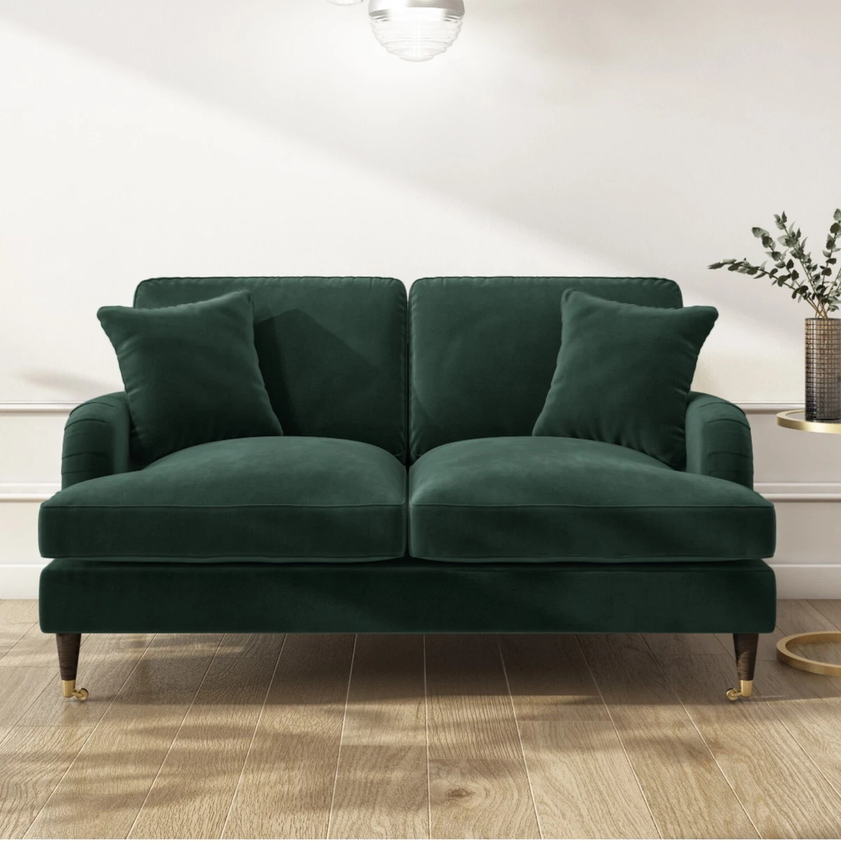 Green Sofa 2 Seater with Ruched Saddle Arms Wood Gold Legs