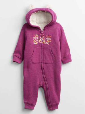 Baby GAP Logo Pramsuit Teddy Fleece Sherpa Warm Snowsuit Hooded Ears Furry  NEW UK