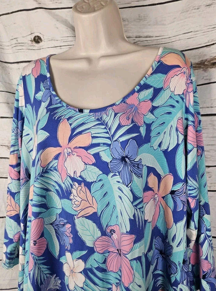 Tori Richard Blue Tropical Floral Dress L Hawaiian Modal Shift Jersey A-Line - Image 3 of 4