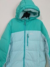 333 Eddie Bauer Kids 550 Down Hooded Puffer Jacket Full Zip L 14/16 Green/Blue