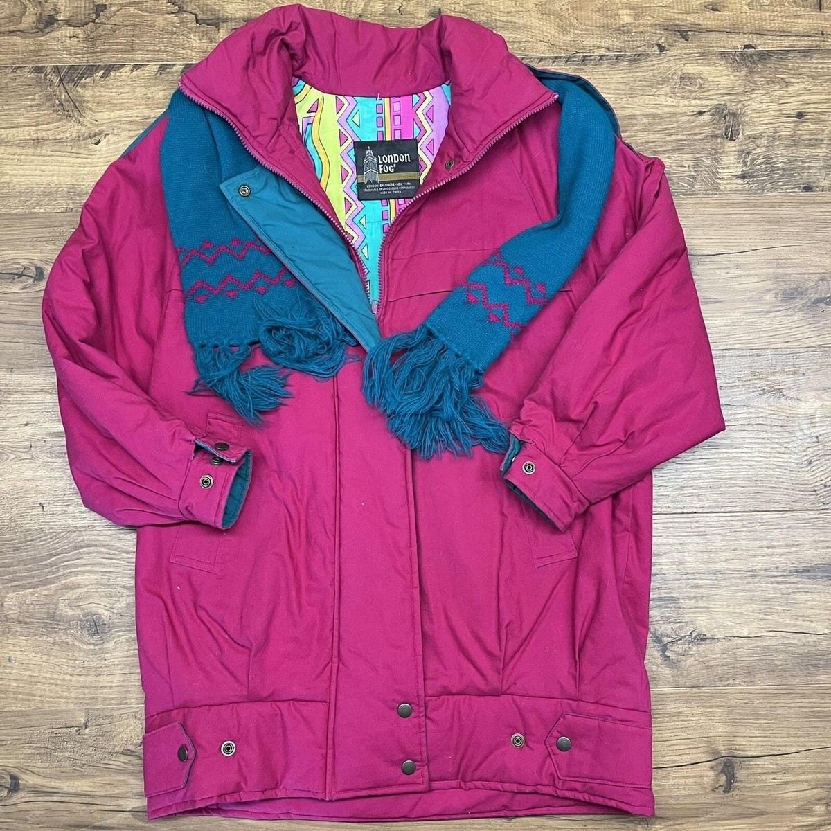 Vintage 80s 90s London Fog 8 Ski Jacket Puffer Pink Neon Scarf 