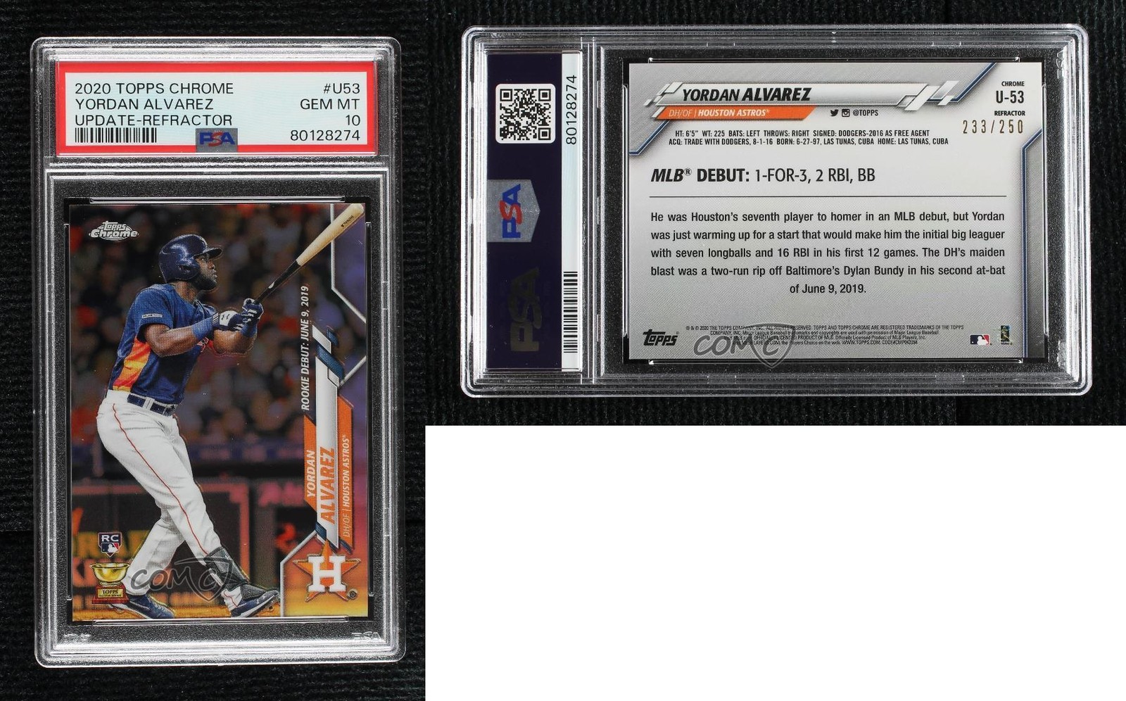 2020 Topps Chrome Update Refractor 233/250 Yordan Alvarez PSA 10 Rookie RC view 3