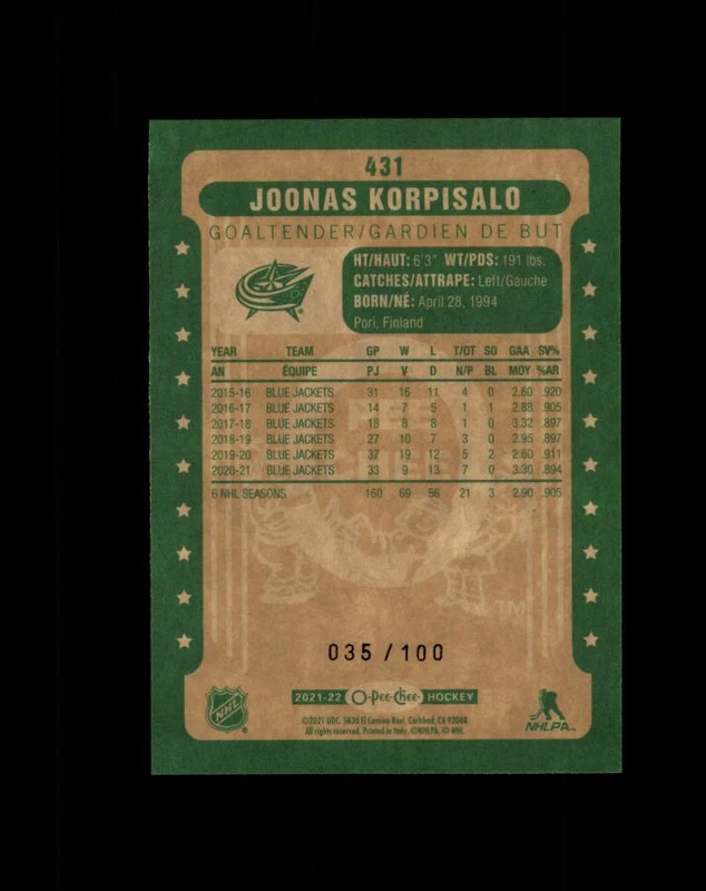 #431 Joonas Korpisalo Blue Jackets 2021-22 O-Pee-Chee Retro Black Border /100 - Image 2 of 2