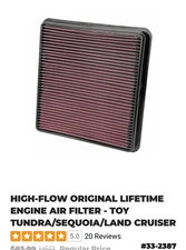K & N Engineering 33 2387 Filter TOY TUNDRA/SEQUOIA/LAND CRUISER