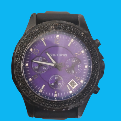 Michael Kors iridescent teal and purple crystal bezel chronograph watch Michael Kors Hadyn Analog Silver Dial Blue Rubber Strap  main image 4