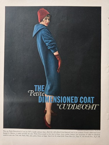 1958 Womens Blue petite dimensioned Cuddlecoat coat red hat Vintage fashion Ad - Picture 1 of 1