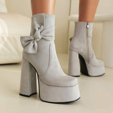 Super High Block Heels Platform Ankle Boots for Women Bowknot Zipper Suede Shoes