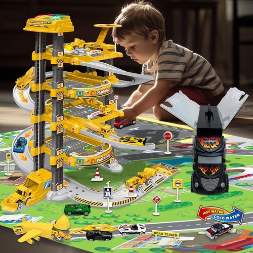 Garage Parcheggio Bambini 4 Piani con Rampa Spirale Auto e Contenitore Camion Gioco Set - Foto 2 di 12