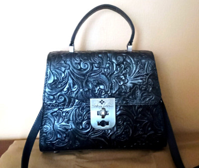 NWT Patricia Nash Chauny Tooled Leather Smoke Black Satchel Crossbody Bag Strap