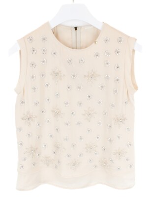 Gas Joya Bluse Damen Klein Ärmellos Perlen Rundhals Beige