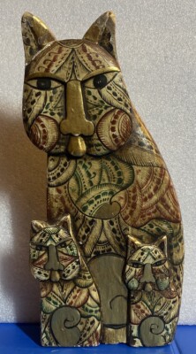 VTG Laurel Burch Carved Wood Cat w/ 2 Kittens Gold 12 h X 6 w X 2 d