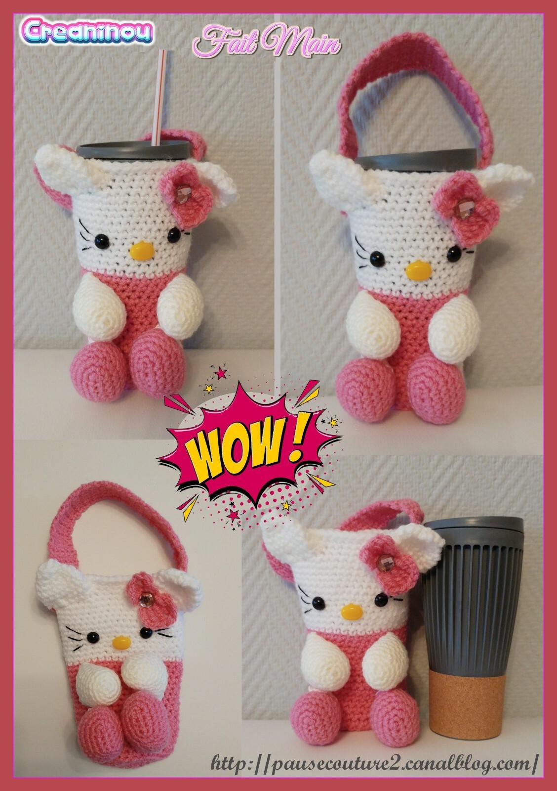 Porte-gobelet laine Hello Kitty rose et blanc Yeti Bag - Amigurumi fait main pour gobelet isotherme