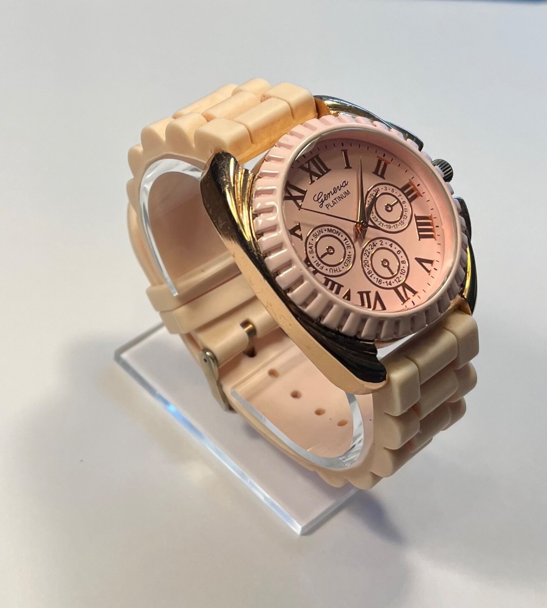 Geneva Platinum Womens Watch Peachy Pink Rose Gold Silicone Band