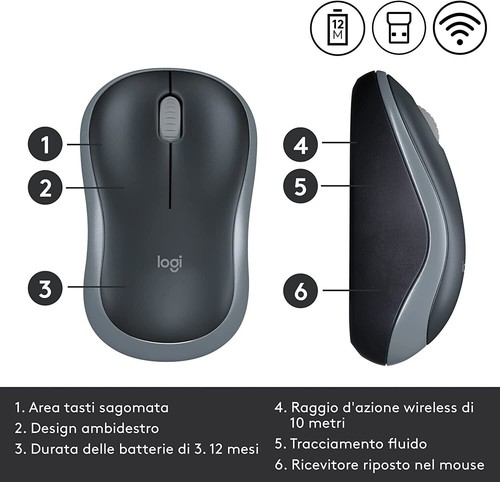 Logitech M185 Mouse Originale wireless senza fili USB filo 3 pulsanti ottico GRE - Bild 9 von 10