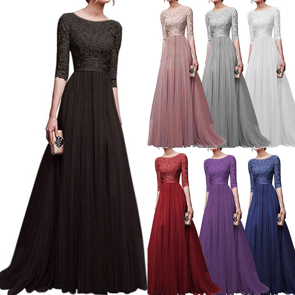 Fashion Women Long Sleeve Ball Gown Chiffon Dress Lace Evening Party Dresses  New | eBay