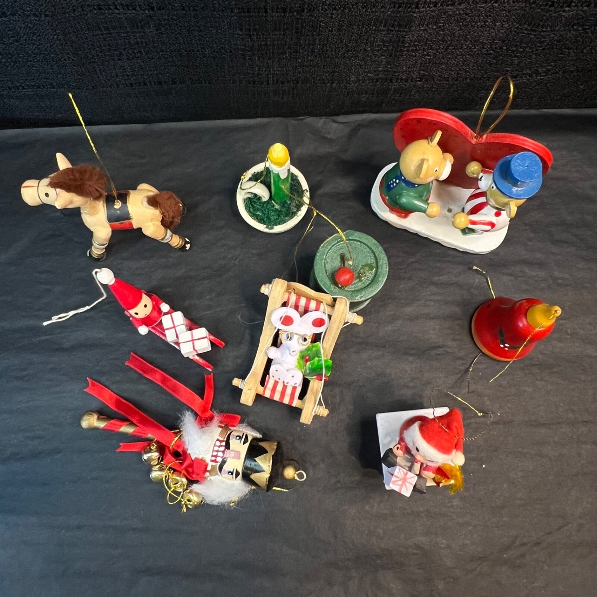 9 Vintage Wood Christmas Tree Ornaments Santa Bear Horse Candle