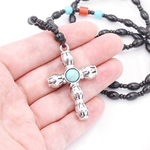 Turquoise Cross Necklace Religious Crucifix Pendant Beaded Chain For Womens Mens - Picture 5 of 6