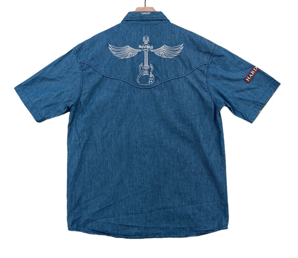 Camisa Hard Rock Hotel Para Hombres XL Azul Denim Sonrisa Bolsillos Bordado a Presión Guitarra Foto 4 de 4