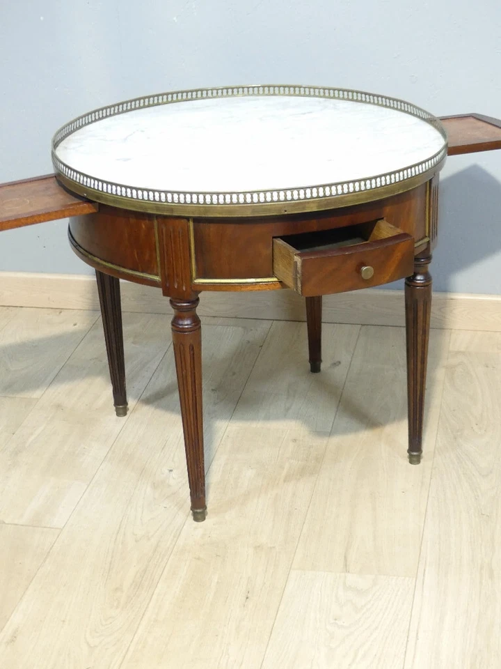 Table basse bouillotte en acajou et marbre style Louis XVI, époque début XX ème - Photo 2/4