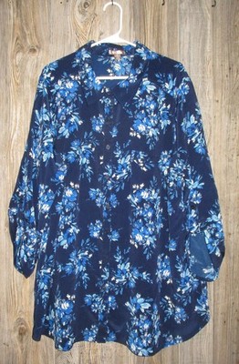 White Stag Womens Sz 3X 22-24w Blue Button Down Shirt Blouse Roll Tab 3/4 Slv