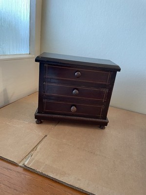 ANTIQUE MAHOGANY AND INLAID ON PINE APPRENTICE 3 DRAW CHEST OF DRAWS