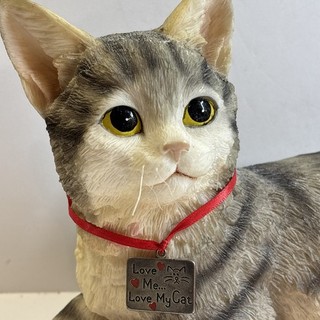 Gray Tabby Cat Figurine Love Me Love My Cat Collar Resin Statue Large Kitten
