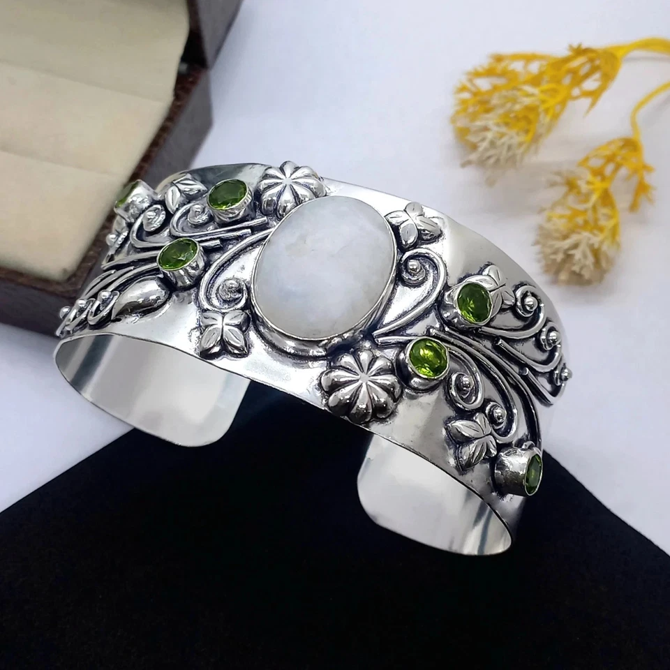 925 Sterling Silver Moonstone & Peridot Gemstone Jewelry Cuff Bracelet Size-ADJ - Image 2 of 4