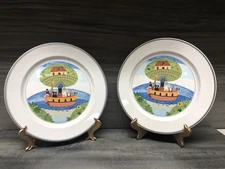 Pair Of Villeroy & Boch "Noah's Ark" Design Naif Plates 10 1/2” Folk Art Signed