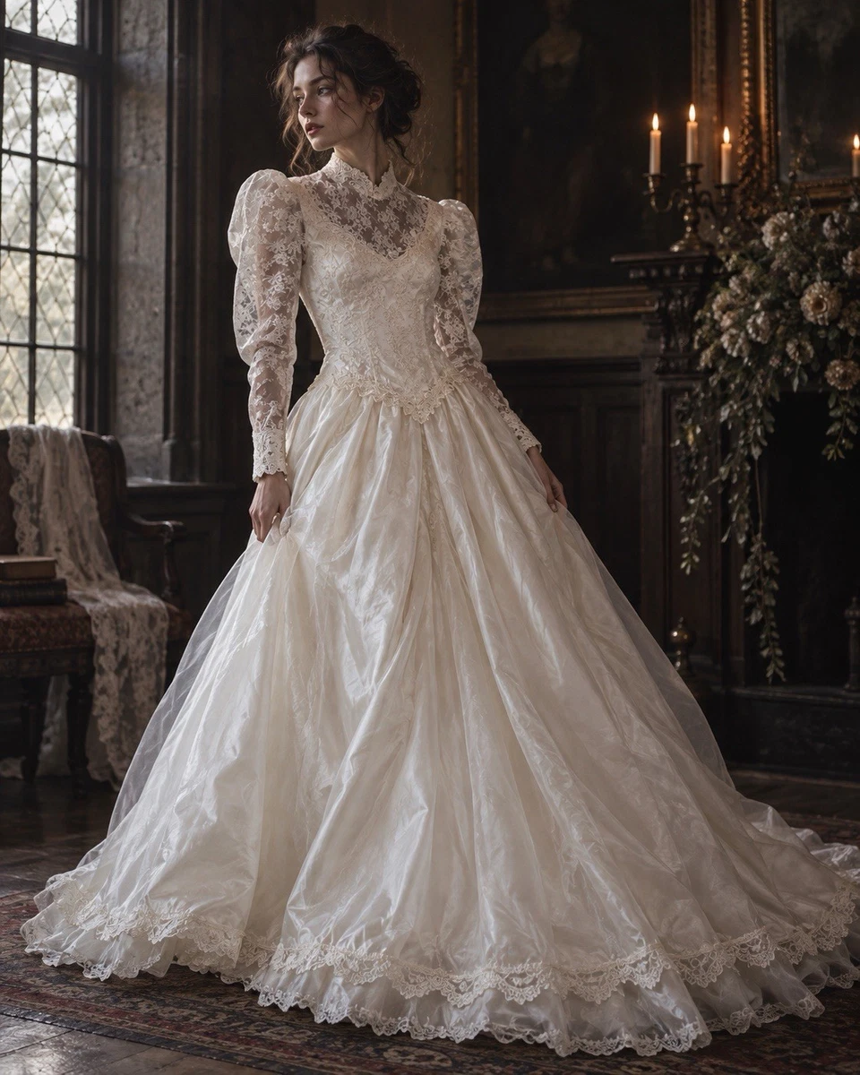 vintage cotton lace wedding dress Victorian Dresses & Veils for Women for sale A-line Sweetheart Ruffle Tiered Color:Bianca White (130) White lace Graphic Print Dress style bodice