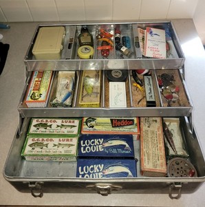 Vintage Fishing Time Capsule With Lures, Tackle And Walton Grip Lock Tackle Box.