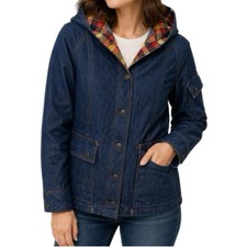 Vintage Denim Jacket Womens 90s Hooded Dark Blue Jean Parka Coat - M