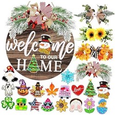 Interchangeable Welcome Sign for Front Door with 4 Seasonal Wreaths and 21