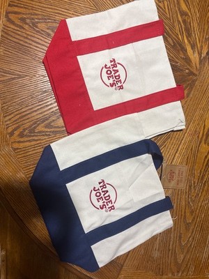Trader Joe's Mini Canvas Tote Bags. Set of 2. Red & Blue
