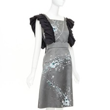 rare MIU MIU 2019 Runway grey black silk ruffle hand painted apron dress IT38 XS