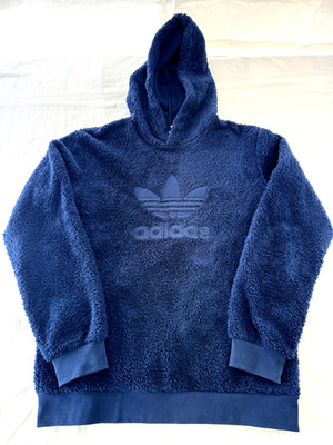 adidas Sherpa Fuzzy Navy Blue Trefoil Hoodie Size S Pullover DH7078
