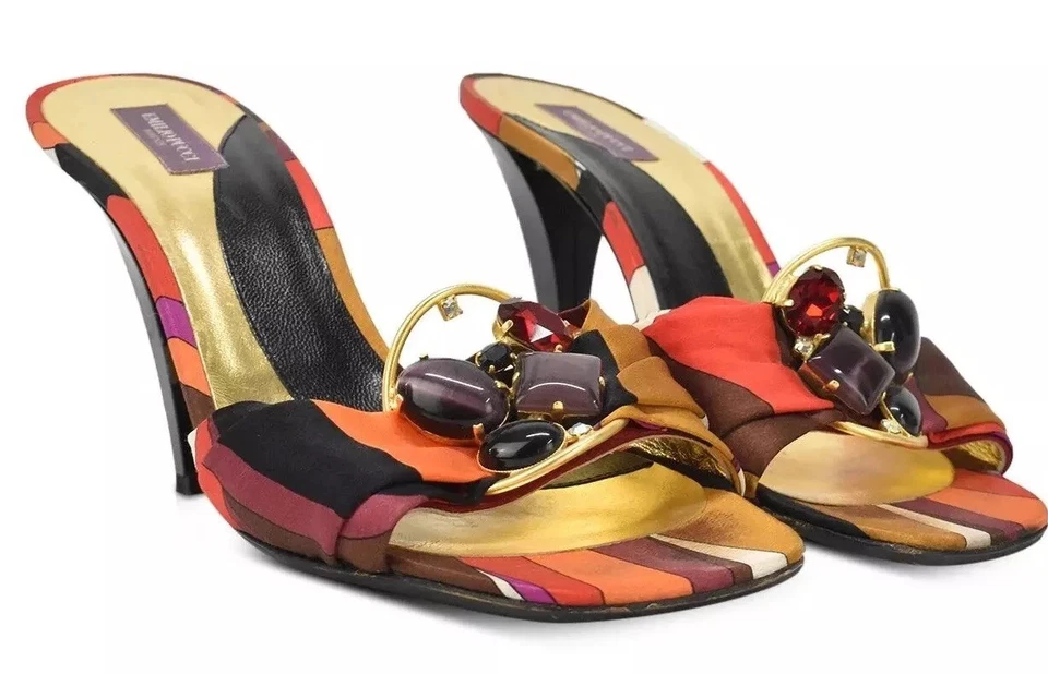 EMILIO PUCCI MULAS DE SATÉN MULTICOLOR DIAPOSITIVAS CON BROCHE DE DIAMANTES DE IMITACIÓN TALLA 38 Foto 2 de 4