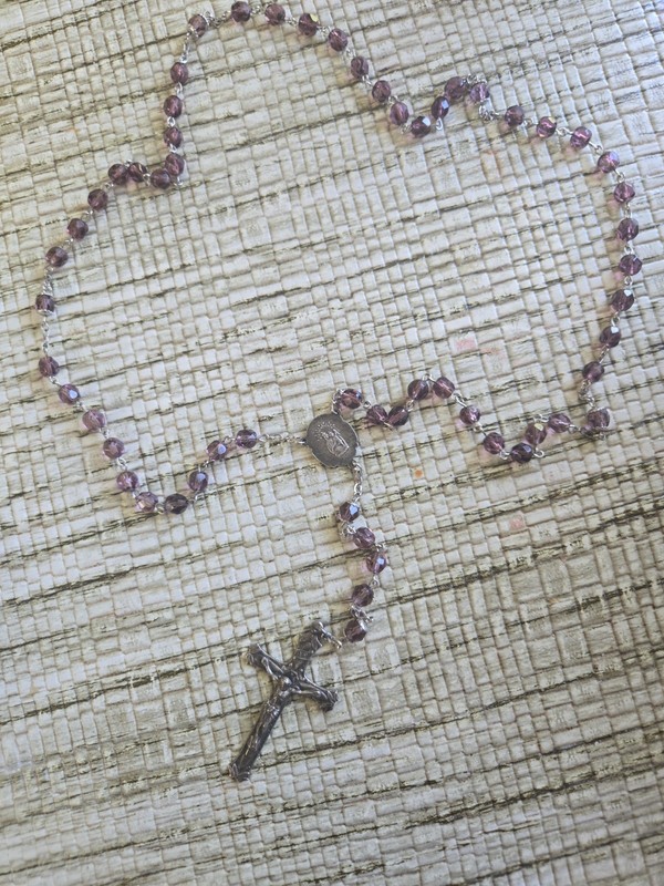  sterling silver Rosary With faceted  Purple Glass beads. Vintage