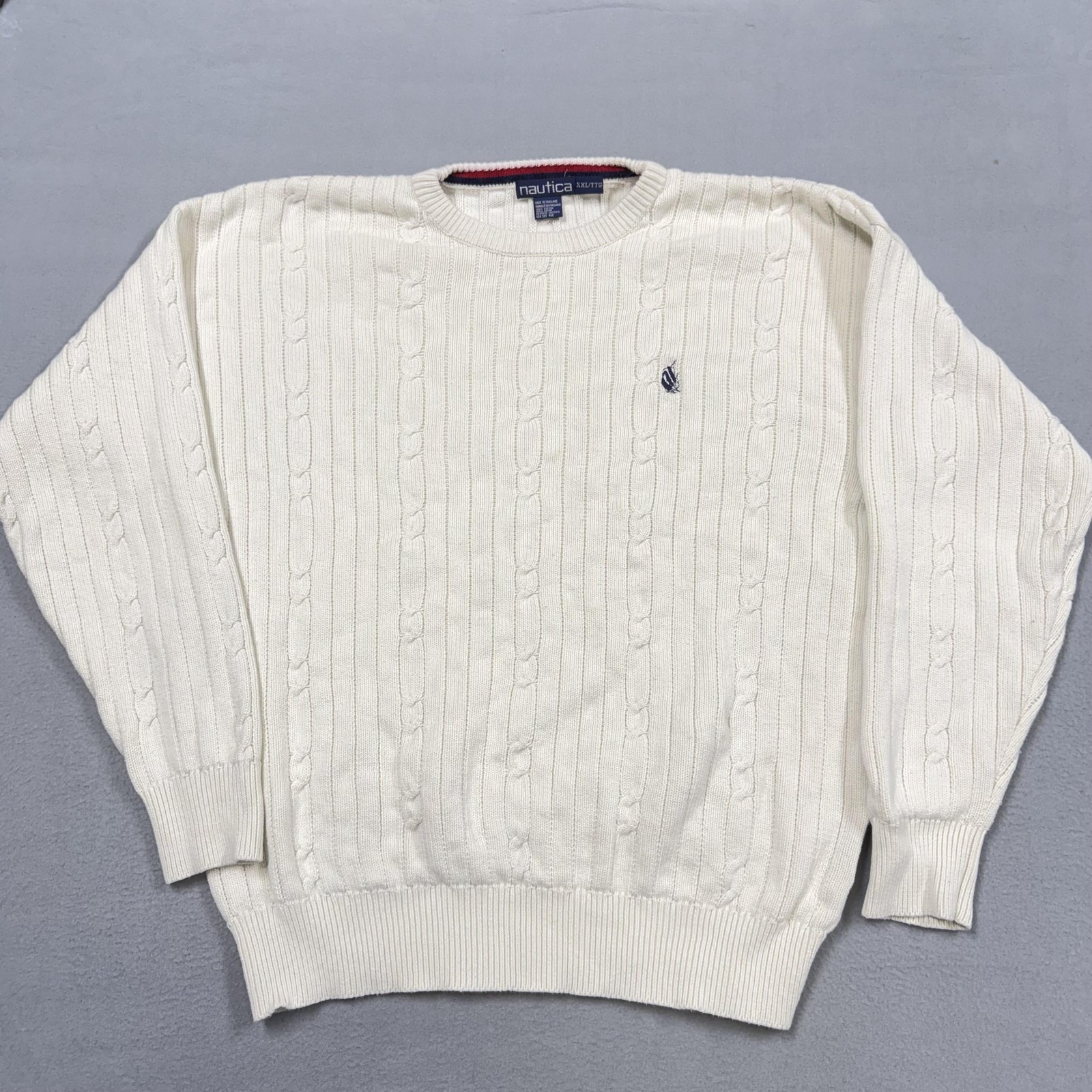 Nautica Sweater Mens 2XL White Cable Knit Crewneck Cotton Pullover Classic Logo