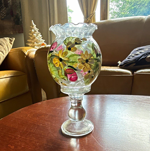 Hand-Painted Floral Clear Glass Pedestal Vase, Scalloped Rim Decorative