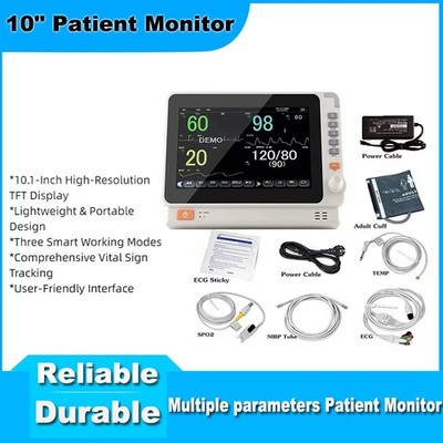 10'' Patient Monitor w/ ECG, SpO2, BP, Temp, Resp, HR - Fast Shipping