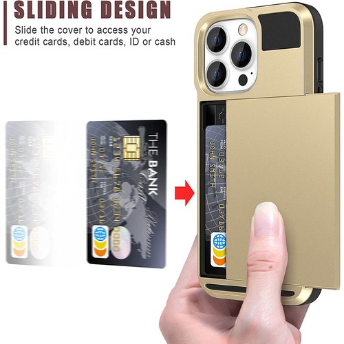 For iPhone 11 12 13 14 15 Slide Card Holder Case Hybrid Shockproof Wallet Cover - Picture 3 of 22