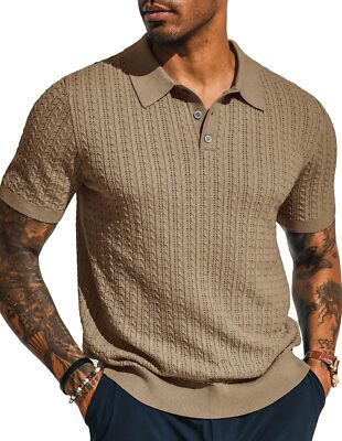 Men's Short Sleeve Knit Polo Shirt Hollow Out Textured Design Breathable Casual