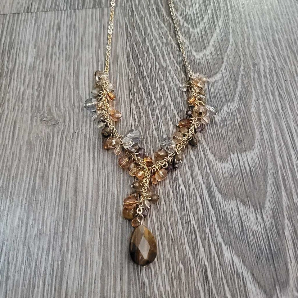 复古 Avon Tiger's Eye 金色 Y 滴簇串珠项链 16 英寸二手状况完好 — 第 3/4 张图片