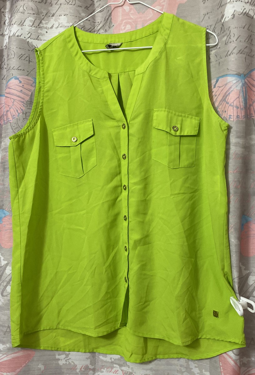 ANNE KLEIN Womens Top Lime Green Sleeveless Casual Tunic Button Shirt